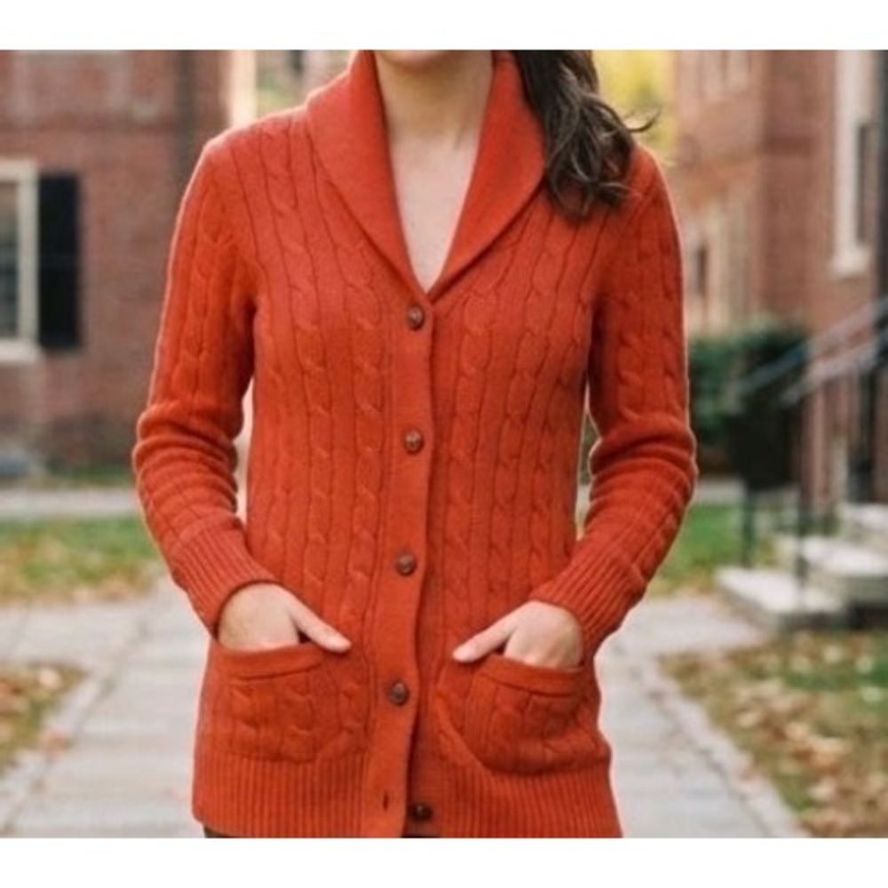 Ralph Lauren Rugby Rust Orange Cable Knit Shawl Cardigan Lambswool Cashmere S
